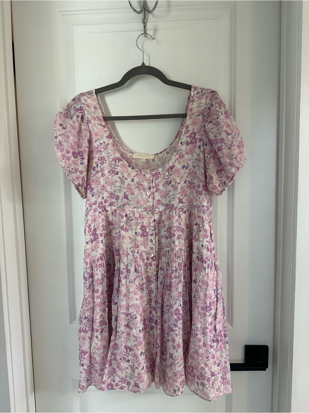 LoveShackFancy Pink Lavender Floral Puff Sleeve Mini Dress
